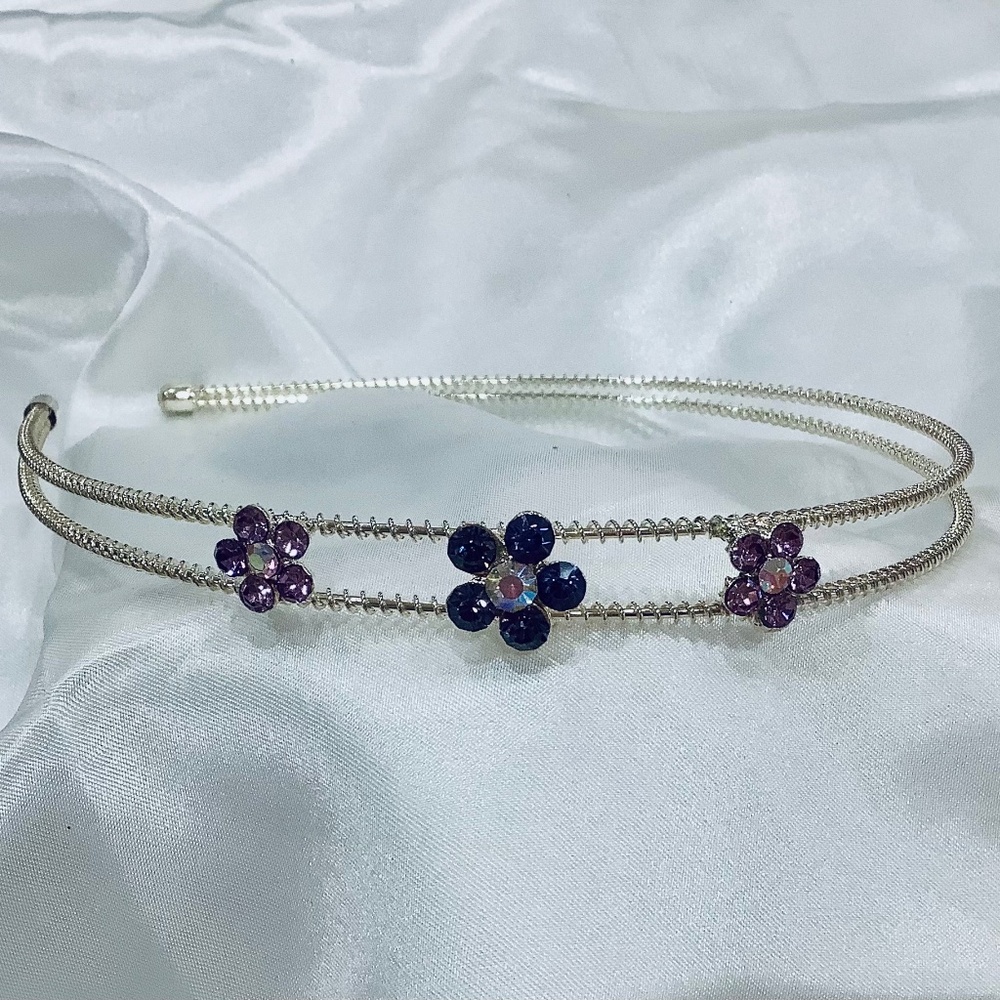 Elegant 2 Purple 1 Blue Crystal Flowers & Silver Rhinestone Headband NWT